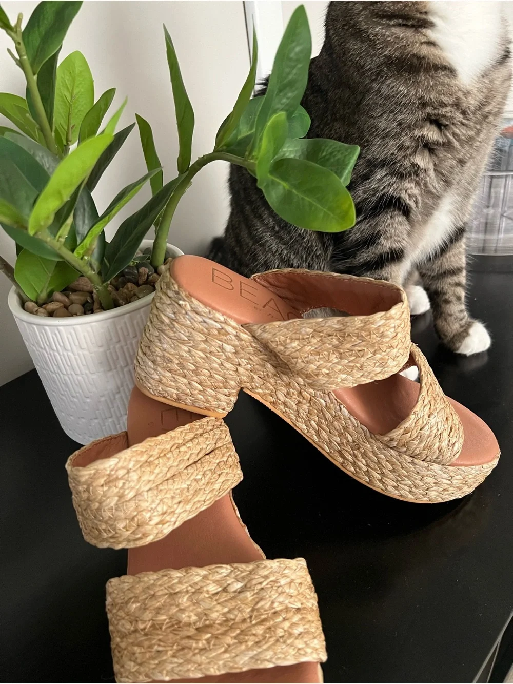 Woven Straw Platform Slide Sandals - Natural